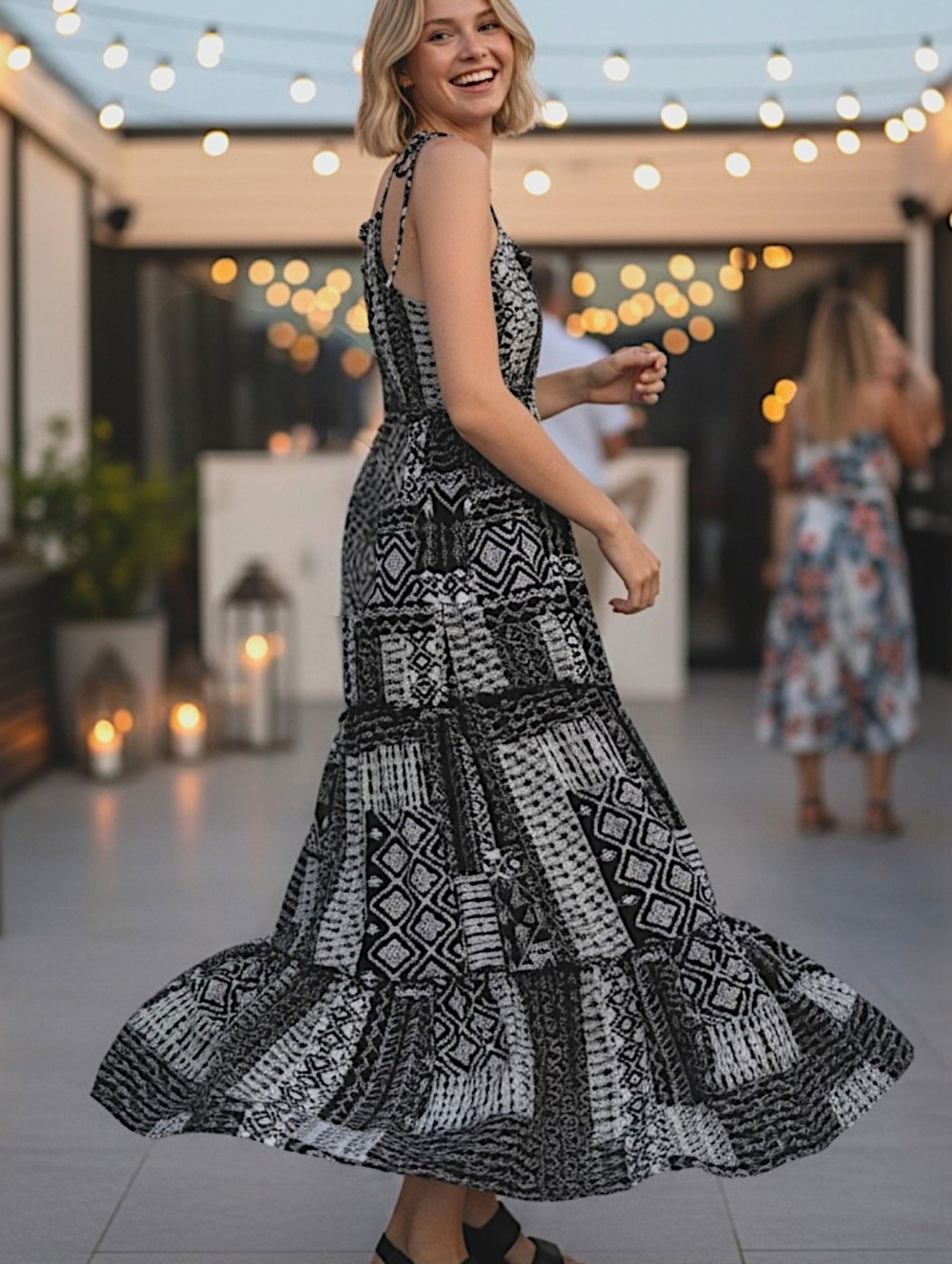 👗Black and White Patterned Smocked Bodice Maxi Dress By WILD Fable